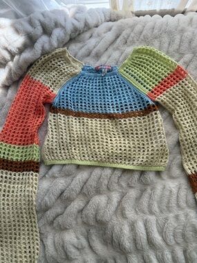 Crochet Open-Knit Colorblock Women's Sweater in Pastel Blue, Cream & Coral